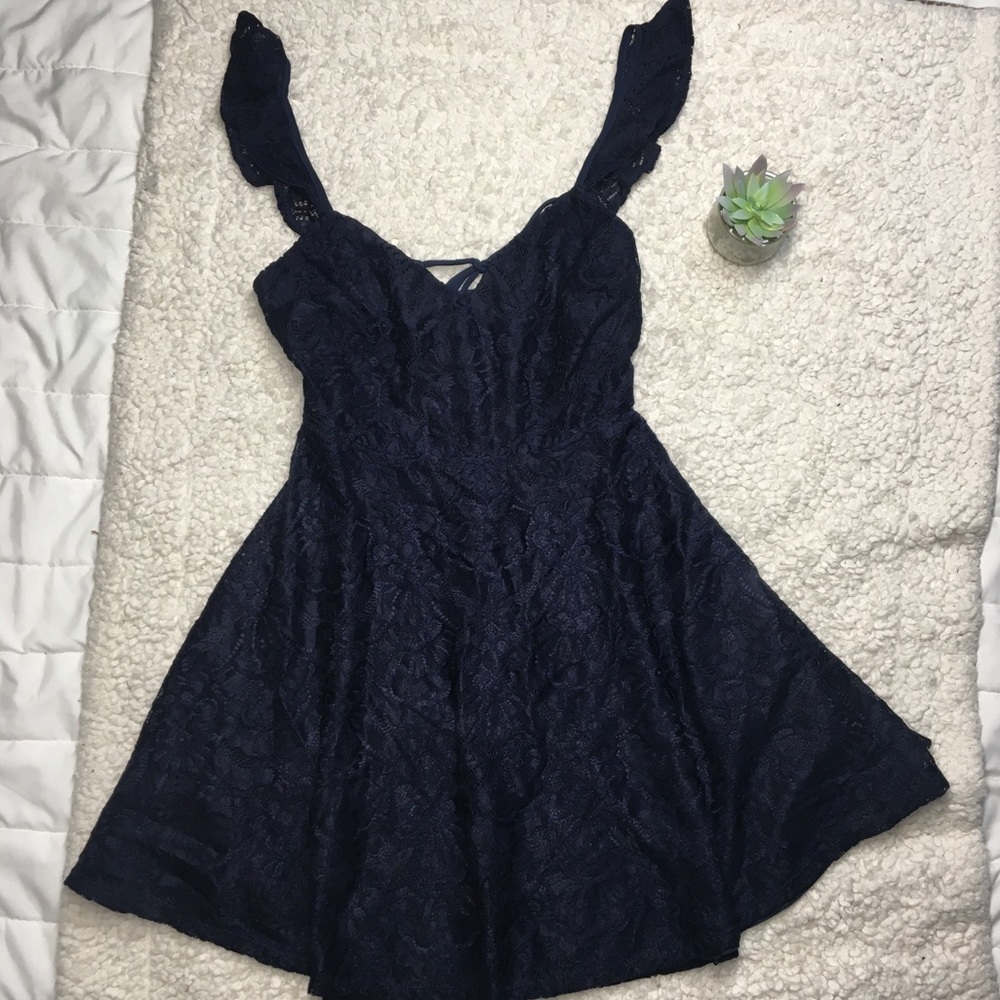 Lulu's Blue Lace Backless Skater Dress